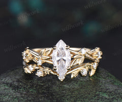 1ct marquise cut moissanite engagement ring set solid 14k yellow gold twig leaf stacking diamond wedding ring set women jewelry