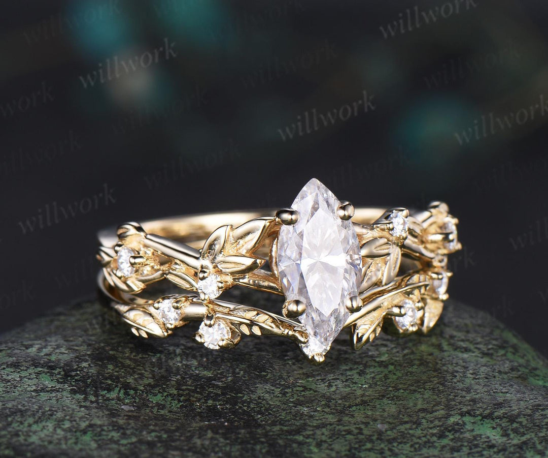 1ct marquise cut moissanite engagement ring set solid 14k yellow gold twig leaf stacking diamond wedding ring set women jewelry