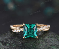Princess cut green emerald engagement ring 14k yellow gold 3/4 eternity twisted diamond ring vintage promise ring women jewelry