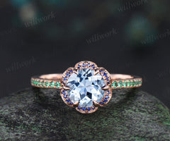 Floral round aquamarine engagement ring rose gold hidden halo natural sapphire emerald ring vintage half eternity promise ring women jewelry