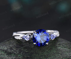 Round cut blue sapphire engagement ring kite Tanzanite ring white gold retro 3/4 eternity diamond promise ring her jewelry