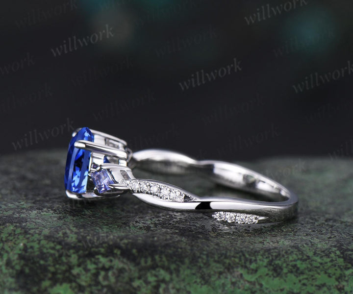 Round cut blue sapphire engagement ring kite Tanzanite ring white gold retro 3/4 eternity diamond promise ring her jewelry