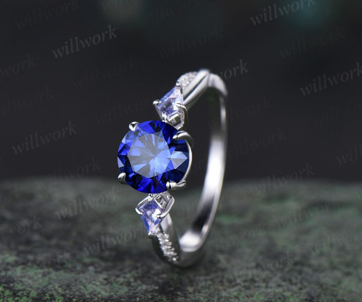 Round cut blue sapphire engagement ring kite Tanzanite ring white gold retro 3/4 eternity diamond promise ring her jewelry
