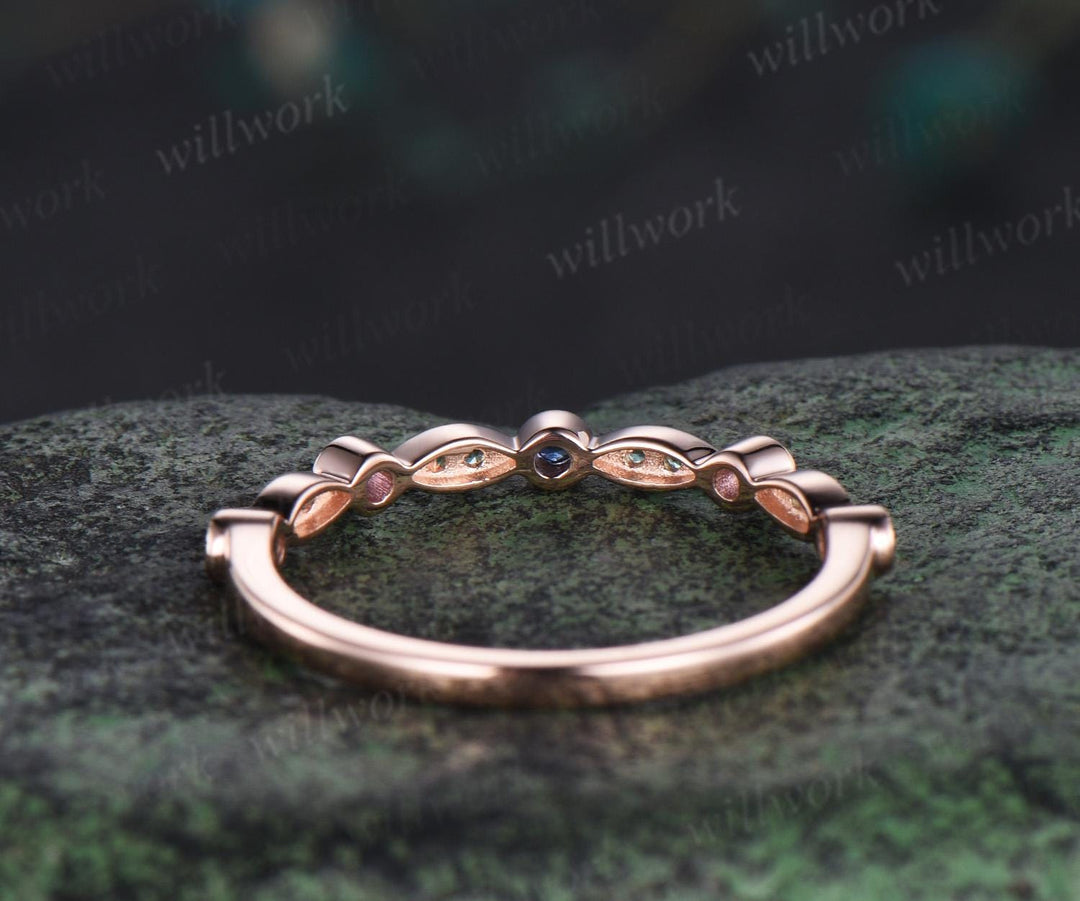 Natural emerald sapphire wedding band half eternity amethyst 14k rose gold art deco marquise milgrain bridal ring women jewelry