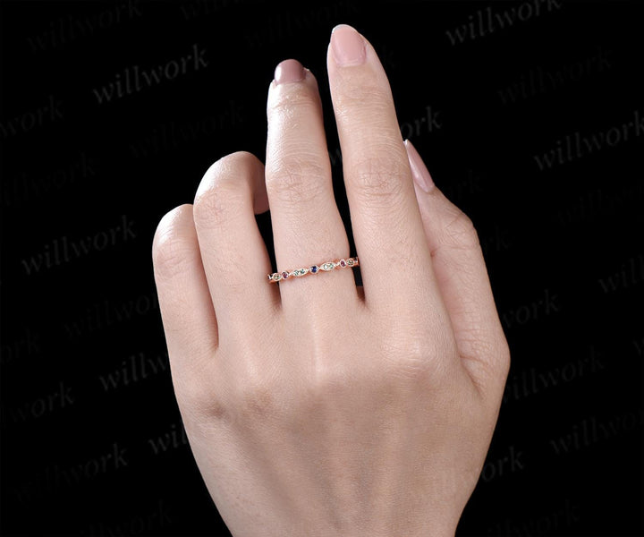 Natural emerald sapphire wedding band half eternity amethyst 14k rose gold art deco marquise milgrain bridal ring women jewelry
