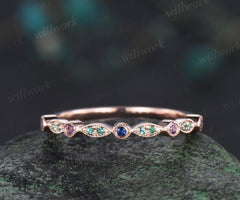 Natural emerald sapphire wedding band half eternity amethyst 14k rose gold art deco marquise milgrain bridal ring women jewelry