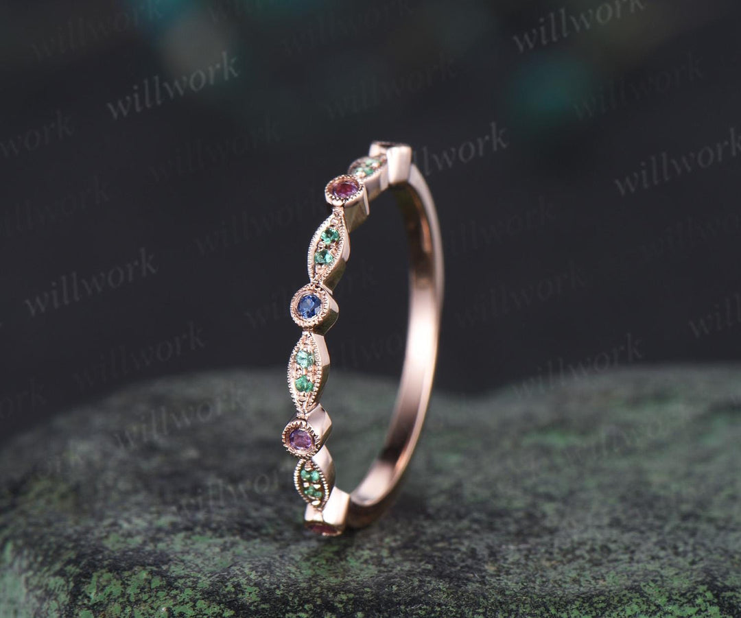 Natural emerald sapphire wedding band half eternity amethyst 14k rose gold art deco marquise milgrain bridal ring women jewelry