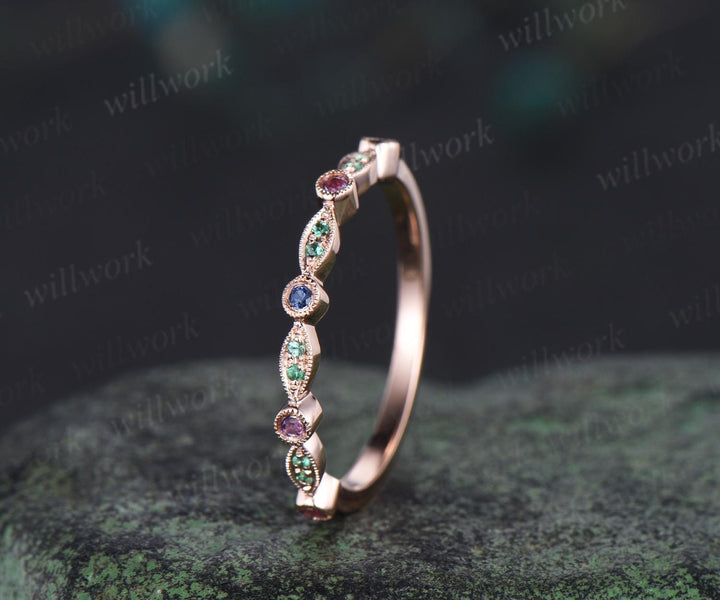 Natural emerald sapphire wedding band half eternity amethyst 14k rose gold art deco marquise milgrain bridal ring women jewelry