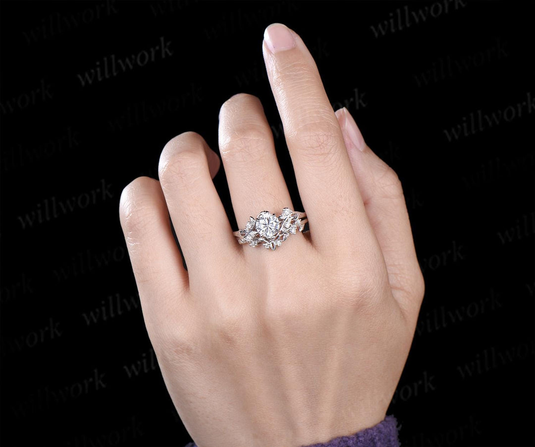Vintage 1ct round cut IGI Lab grown diamond engagement ring set leaf nature inspired five stone wedding promise ring set women
