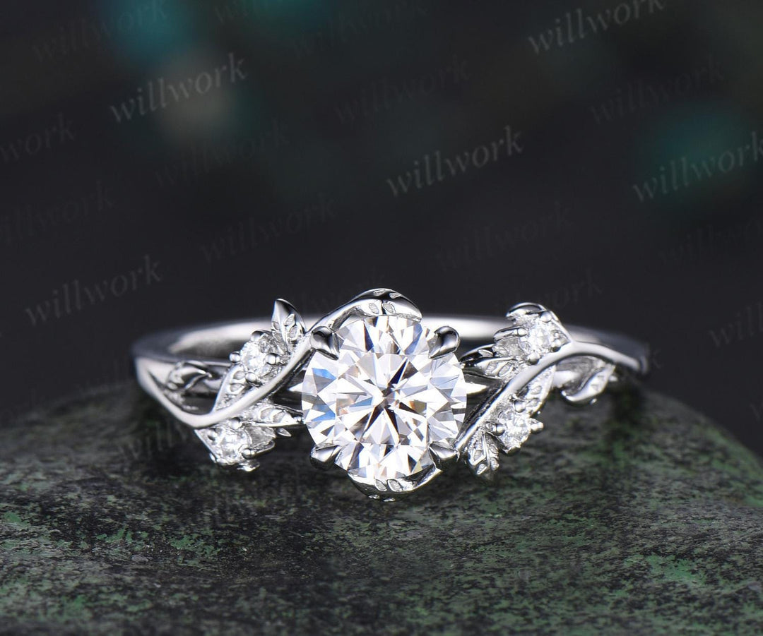Vintage 1ct round cut IGI Lab grown diamond engagement ring set leaf nature inspired five stone wedding promise ring set women