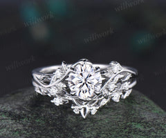 Vintage 1ct round cut IGI Lab grown diamond engagement ring set leaf nature inspired five stone wedding promise ring set women