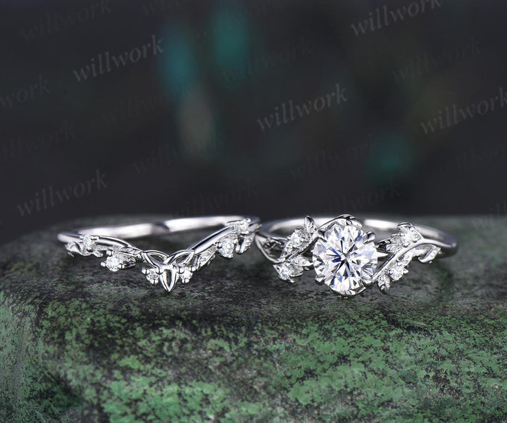 Vintage 1ct round cut IGI Lab grown diamond engagement ring set leaf nature inspired five stone wedding promise ring set women