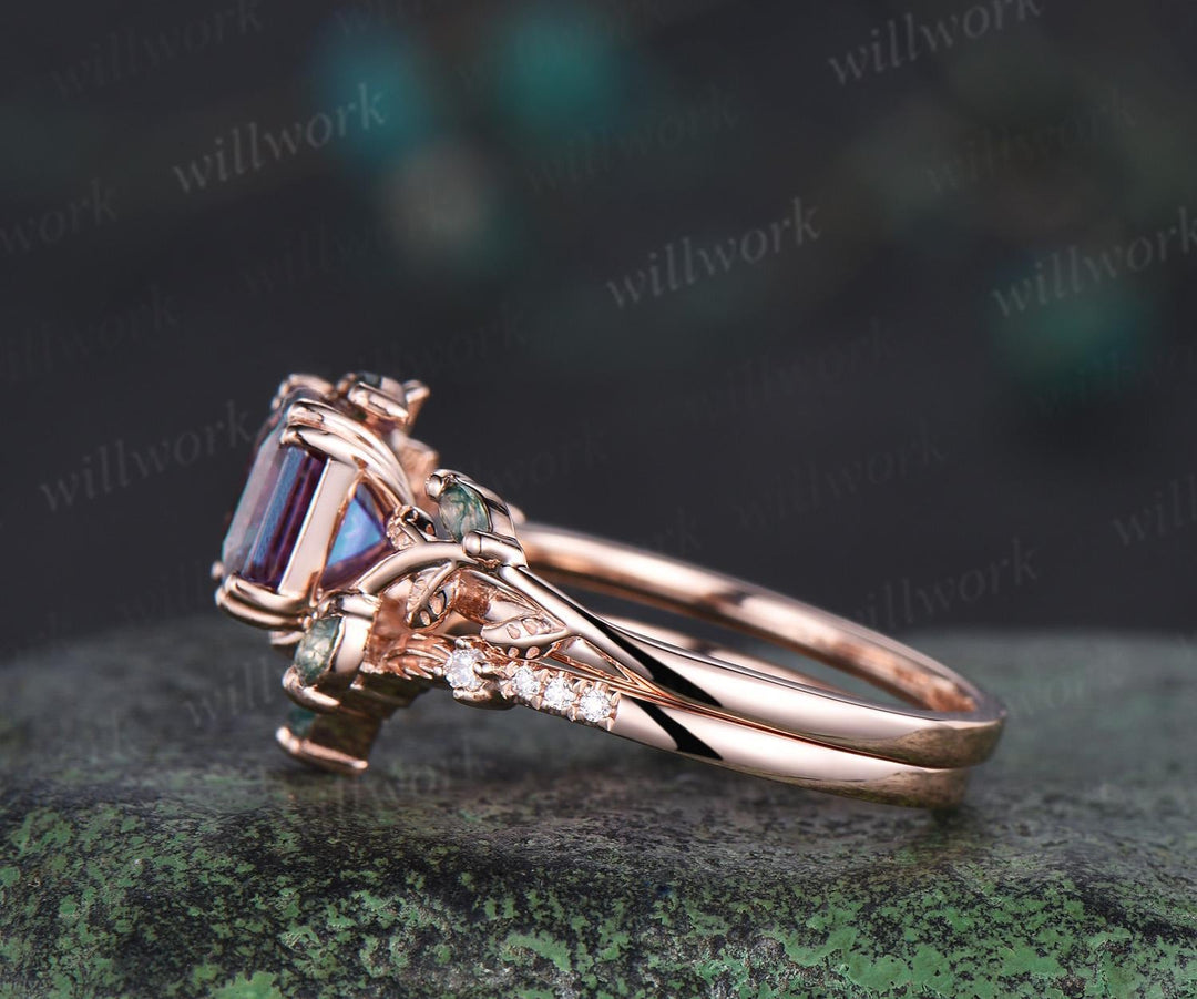 Vintage Asscher cut alexandrite engagement ring set 14k rose gold moss agate cluster leaf nature inspired bridal wedding ring set women