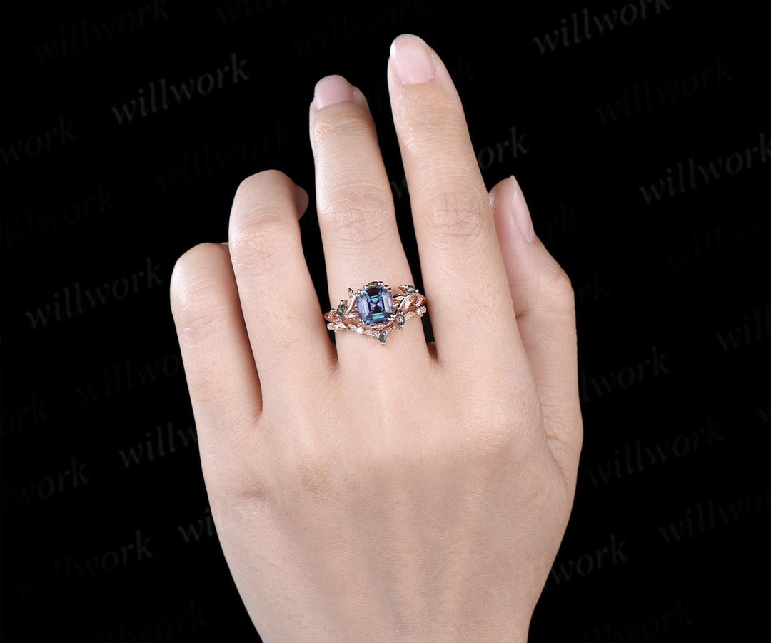 Vintage Asscher cut alexandrite engagement ring set 14k rose gold moss agate cluster leaf nature inspired bridal wedding ring set women