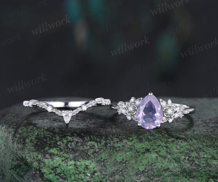 Pear shaped Lavender Amethyst leaf floral engagement ring set white gold nature inspired diamond ring vintage anniversary gift