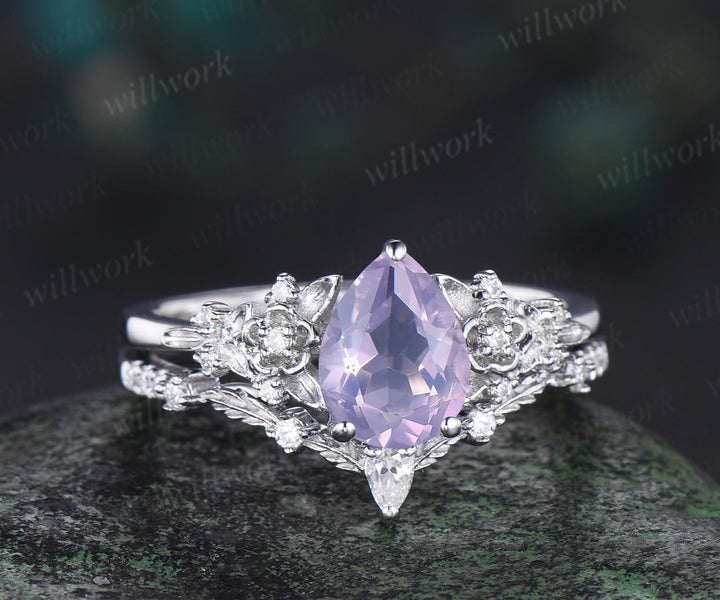Pear shaped Lavender Amethyst leaf floral engagement ring set white gold nature inspired diamond ring vintage anniversary gift