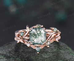 Vintage Asscher cut natural moss agate engagement ring set solid 14k rose gold art deco cluster leaf nature inspired bridal ring set women