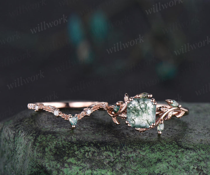 Vintage Asscher cut natural moss agate engagement ring set solid 14k rose gold art deco cluster leaf nature inspired bridal ring set women