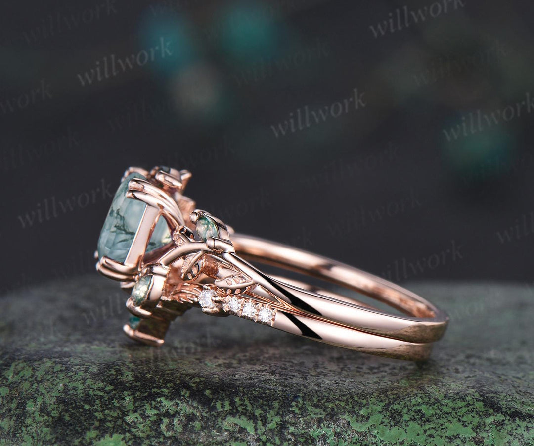 Vintage Asscher cut natural moss agate engagement ring set solid 14k rose gold art deco cluster leaf nature inspired bridal ring set women