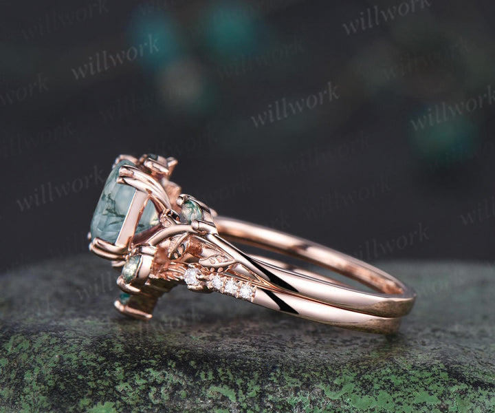 Vintage Asscher cut natural moss agate engagement ring set solid 14k rose gold art deco cluster leaf nature inspired bridal ring set women