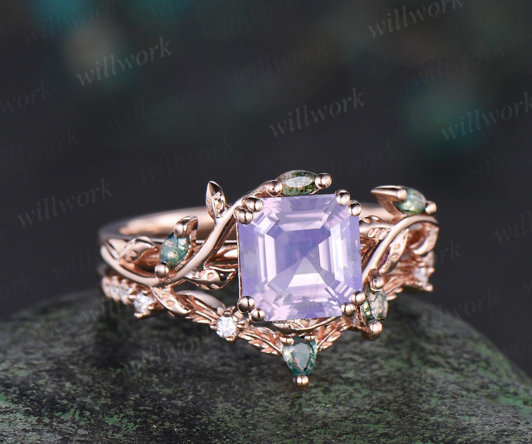 Vintage Asscher cut Lavender Amethyst engagement ring set 14k rose gold cluster leaf nature inspired moss agate bridal ring set women gift