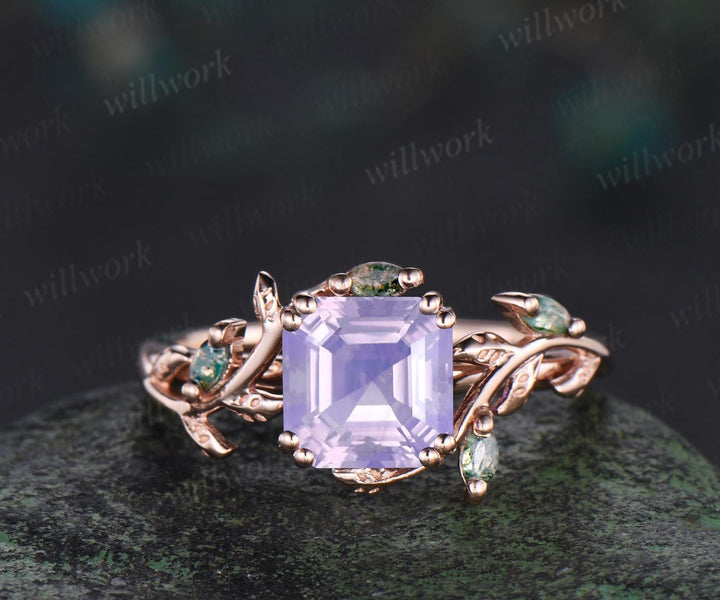 Vintage Asscher cut Lavender Amethyst engagement ring set 14k rose gold cluster leaf nature inspired moss agate bridal ring set women gift