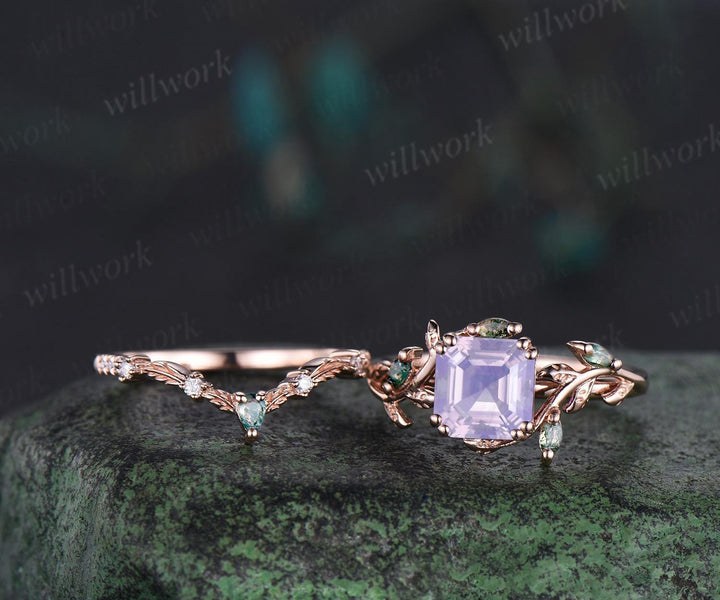 Vintage Asscher cut Lavender Amethyst engagement ring set 14k rose gold cluster leaf nature inspired moss agate bridal ring set women gift