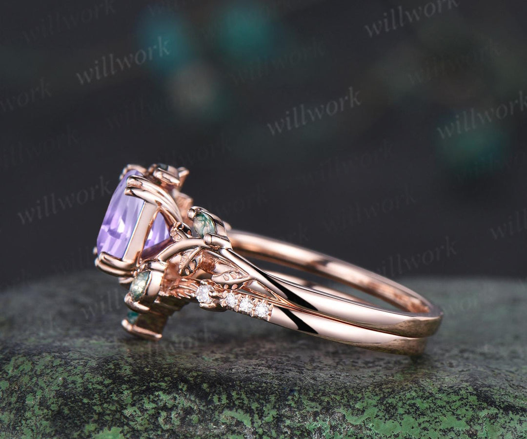 Vintage Asscher cut Lavender Amethyst engagement ring set 14k rose gold cluster leaf nature inspired moss agate bridal ring set women gift
