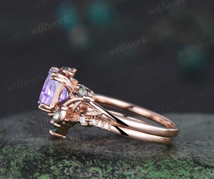 Vintage Asscher cut Lavender Amethyst engagement ring set 14k rose gold cluster leaf nature inspired moss agate bridal ring set women gift