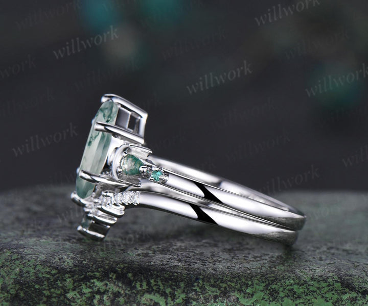 1ct marquise cut natural moss agate engagement ring set women 14k white gold 6 prong five stone moon stacking bridal ring set
