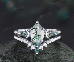 1ct marquise cut natural moss agate engagement ring set women 14k white gold 6 prong five stone moon stacking bridal ring set