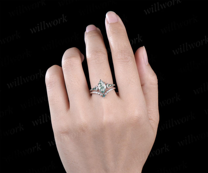 1ct marquise cut natural moss agate engagement ring set women 14k white gold 6 prong five stone moon stacking bridal ring set