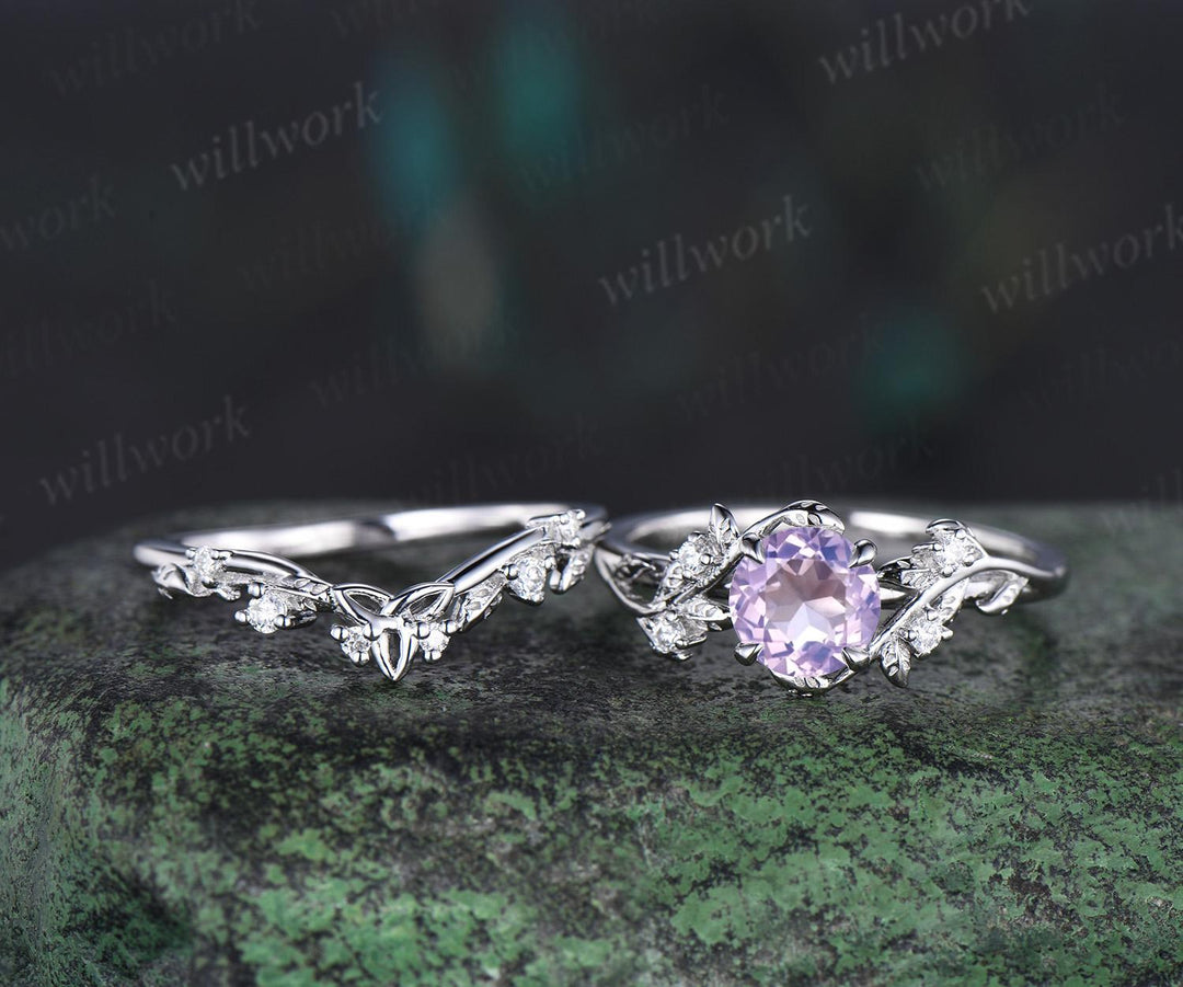 1ct round cut Lavender Amethyst engagement ring set 14k white gold leaf five stone diamond ring women nature inspired bridal set gift