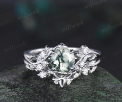1ct round green moss agate ring white gold vintage unique nature inspired engagement ring set Celtic knot leaf diamond bridal ring set women