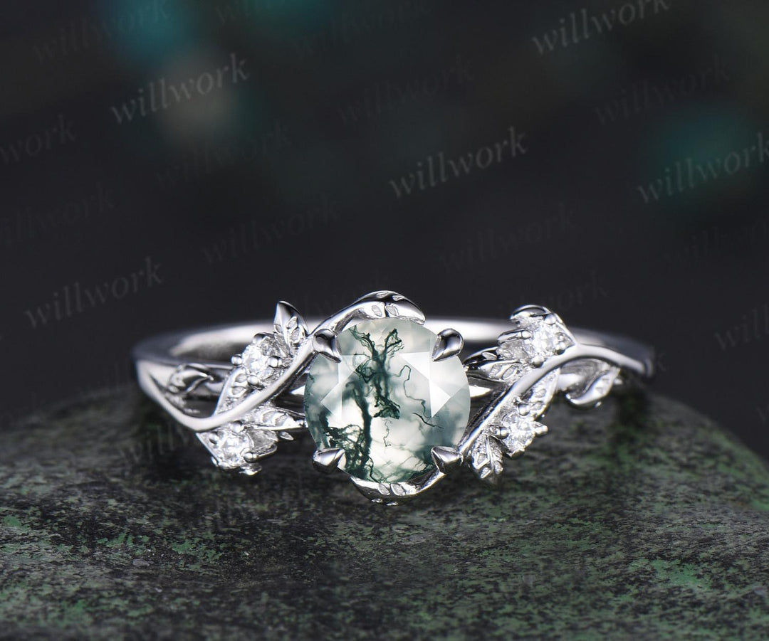 1ct round green moss agate ring white gold vintage unique nature inspired engagement ring set Celtic knot leaf diamond bridal ring set women