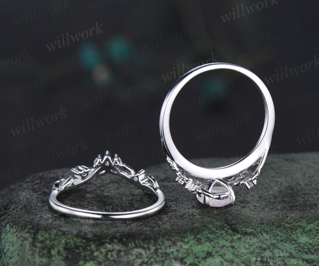 Vintage round white opal wedding ring set leaf nature inspired opal engagement ring set diamond Celtic knot wedding band anniversary gift