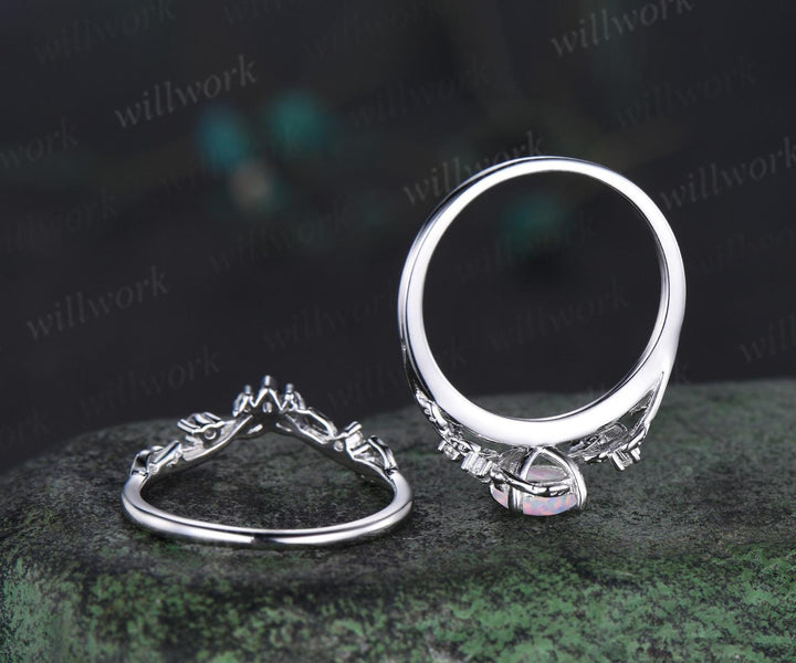 Vintage round white opal wedding ring set leaf nature inspired opal engagement ring set diamond Celtic knot wedding band anniversary gift