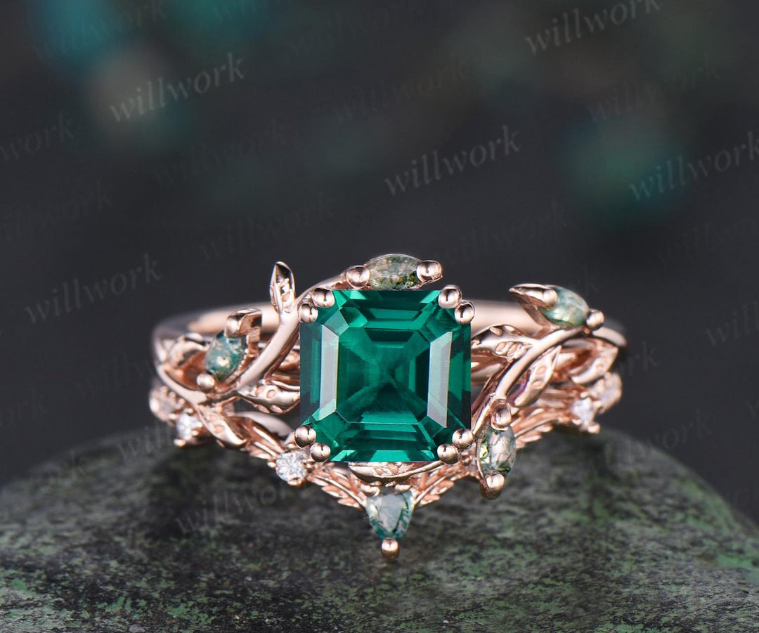 Asscher cut green emerald leaf engagement ring set art deco 14k rose gold cluster nature inspired moss agate bridal ring set women gift