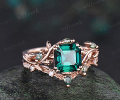 Asscher cut green emerald leaf engagement ring set art deco 14k rose gold cluster nature inspired moss agate bridal ring set women gift