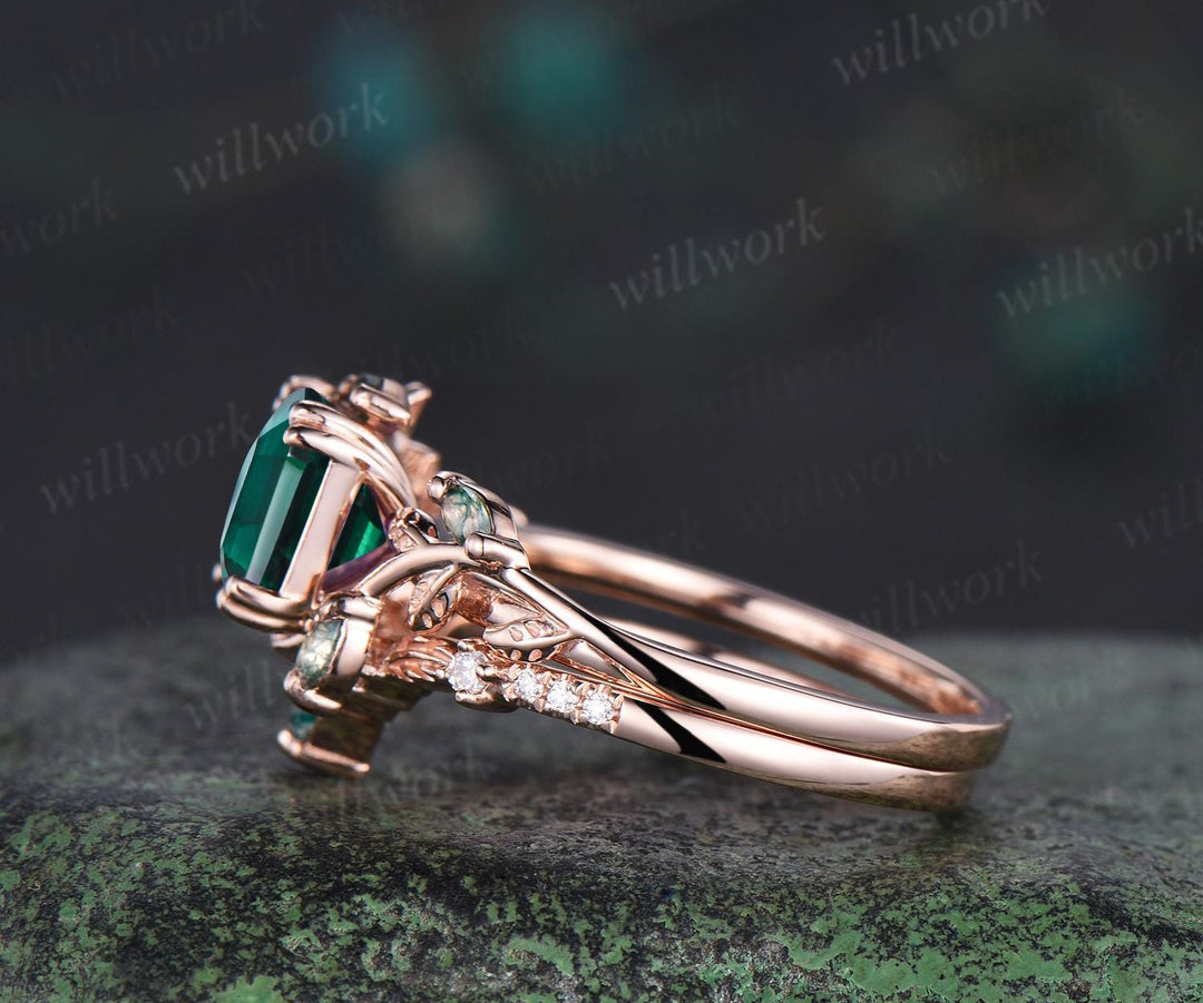 Asscher cut green emerald leaf engagement ring set art deco 14k rose gold cluster nature inspired moss agate bridal ring set women gift
