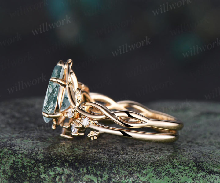Pear cut moss agate ring vintage infinity split shank engagement ring set art deco leaf diamond ring women retro unique bridal set gift