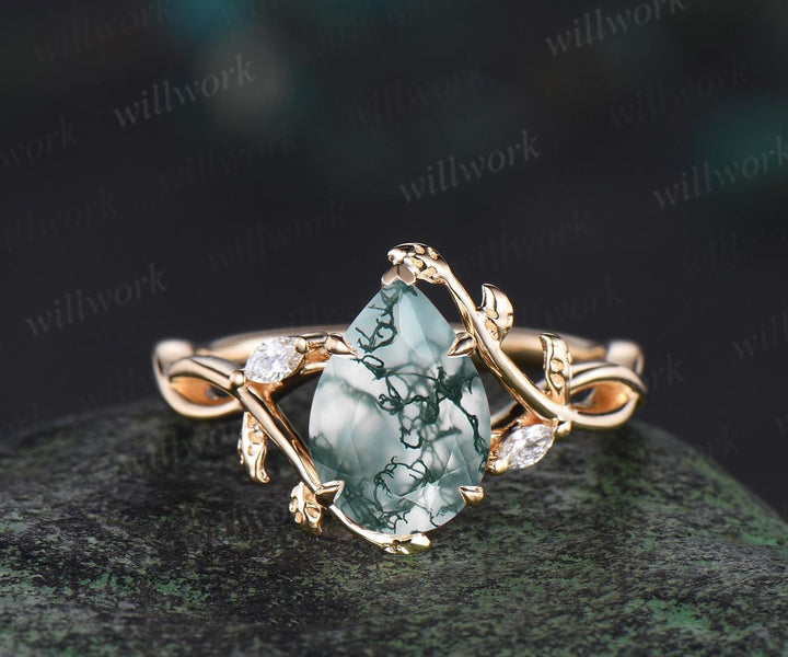 Pear cut moss agate ring vintage infinity split shank engagement ring set art deco leaf diamond ring women retro unique bridal set gift