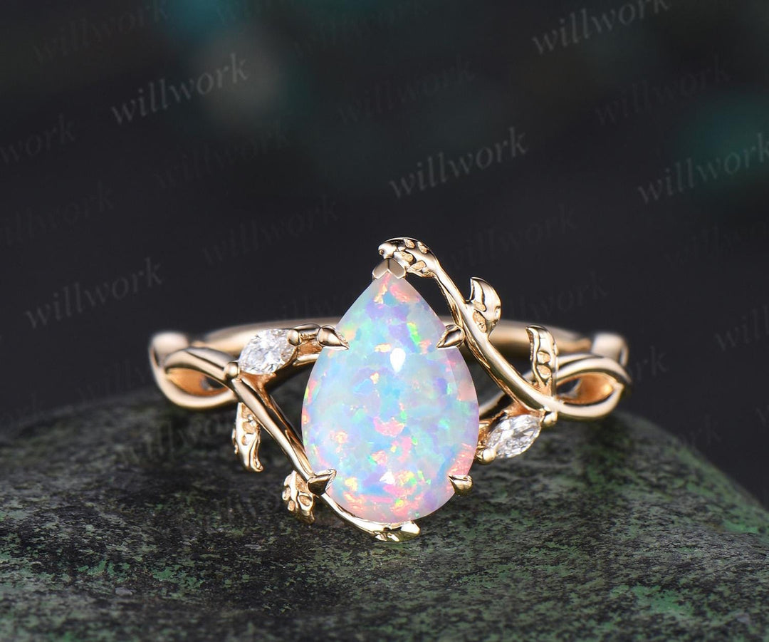 Pear white opal ring vintage infinity split shank engagement ring set art deco leaf diamond ring women antique unique bridal set gift