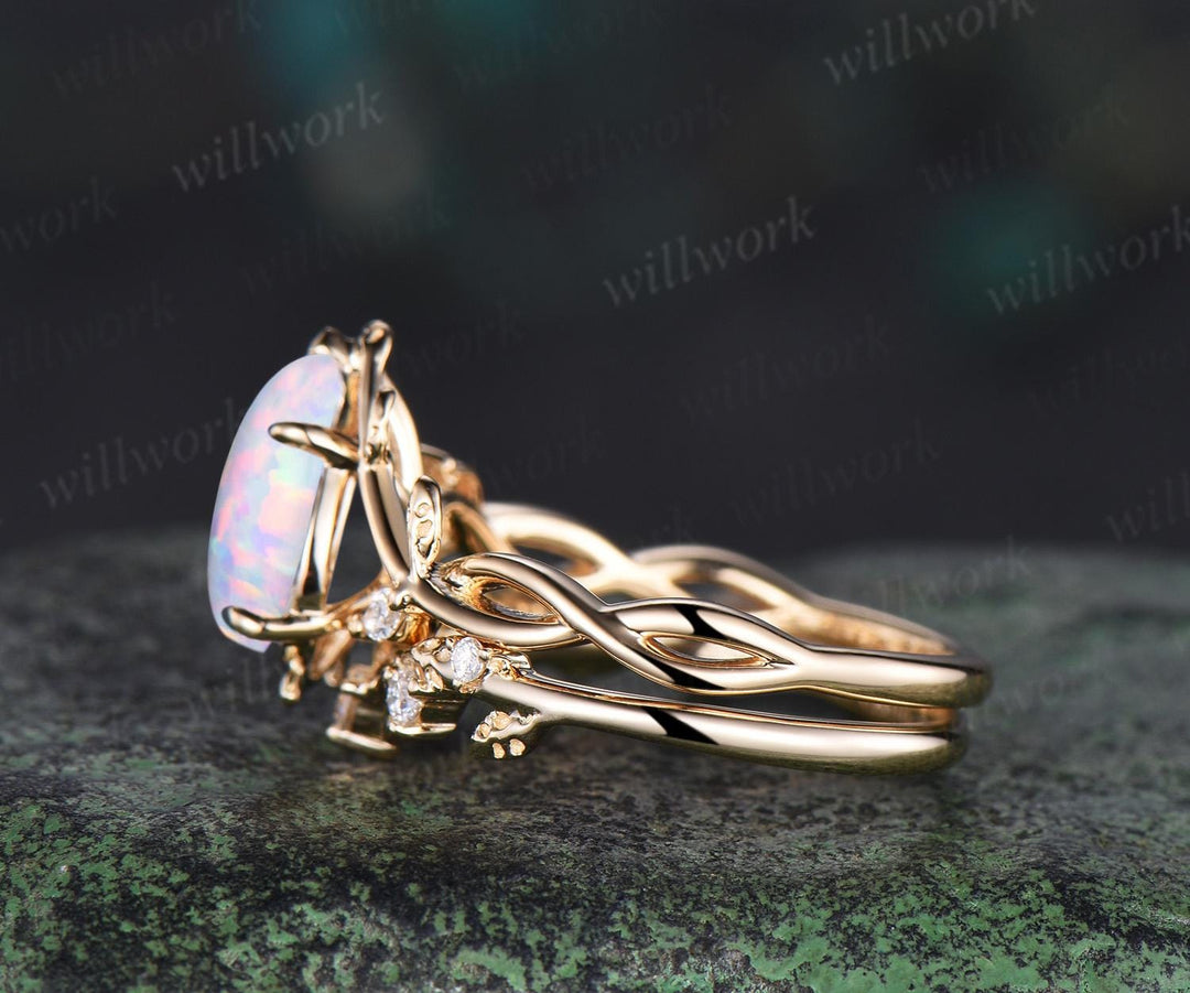 Pear white opal ring vintage infinity split shank engagement ring set art deco leaf diamond ring women antique unique bridal set gift