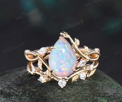 Pear white opal ring vintage infinity split shank engagement ring set art deco leaf diamond ring women antique unique bridal set gift