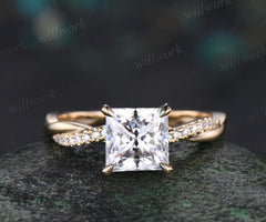 Princess cut moissanite engagement ring 14k yellow gold 3/4 eternity twisted diamond ring vintage wedding promise ring women