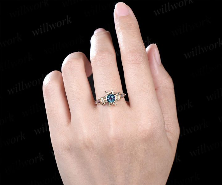 Round cut alexandrite ring vintage bezel sun moon engagement ring women solid 14k yellow gold unique wedding ring gift for her