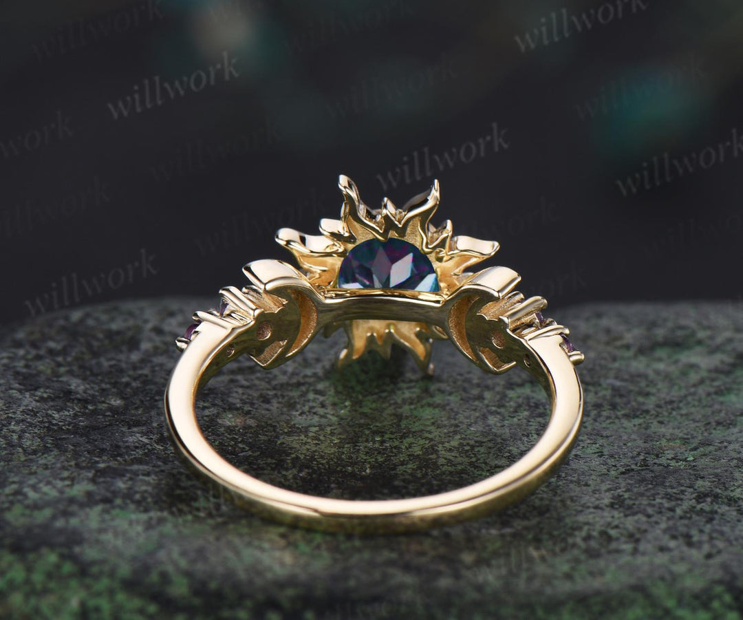 Round cut alexandrite ring vintage bezel sun moon engagement ring women solid 14k yellow gold unique wedding ring gift for her