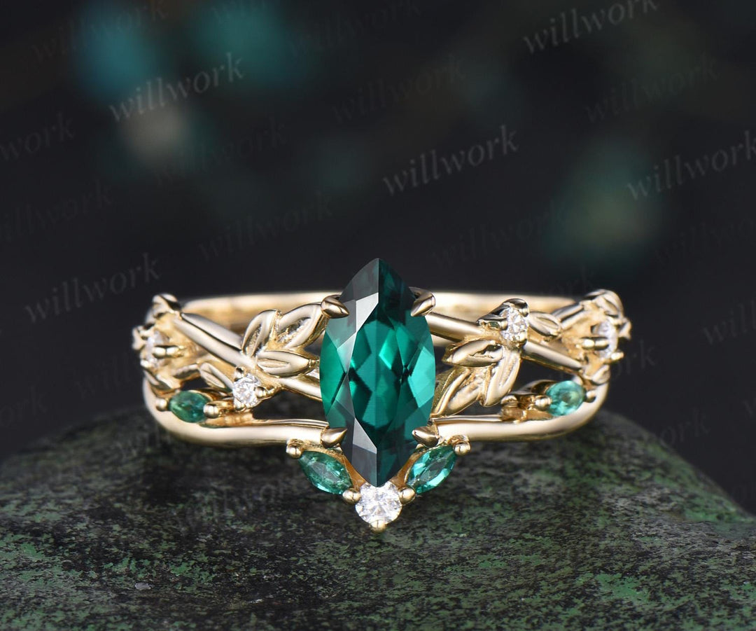 Vintage marquise cut green emerald engagement ring women twig leaf Nature inspired yellow gold ring branch diamond bridal ring set gift