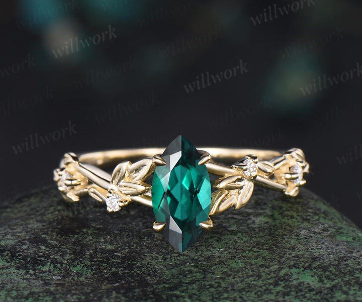 Vintage marquise cut green emerald engagement ring women twig leaf Nature inspired yellow gold ring branch diamond bridal ring set gift